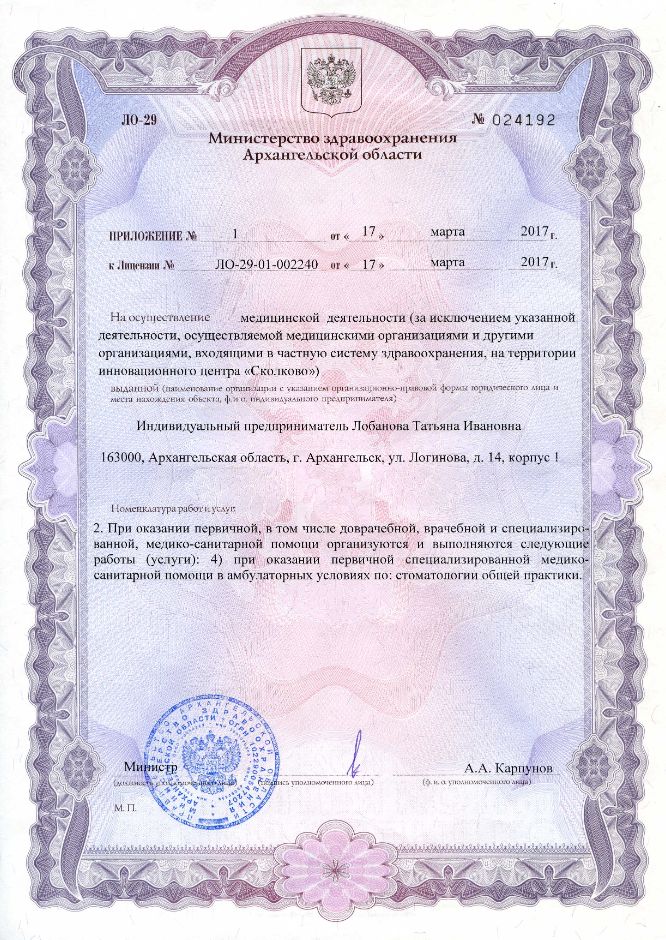 Приложение к лицензии с перечнем медицинских услуг